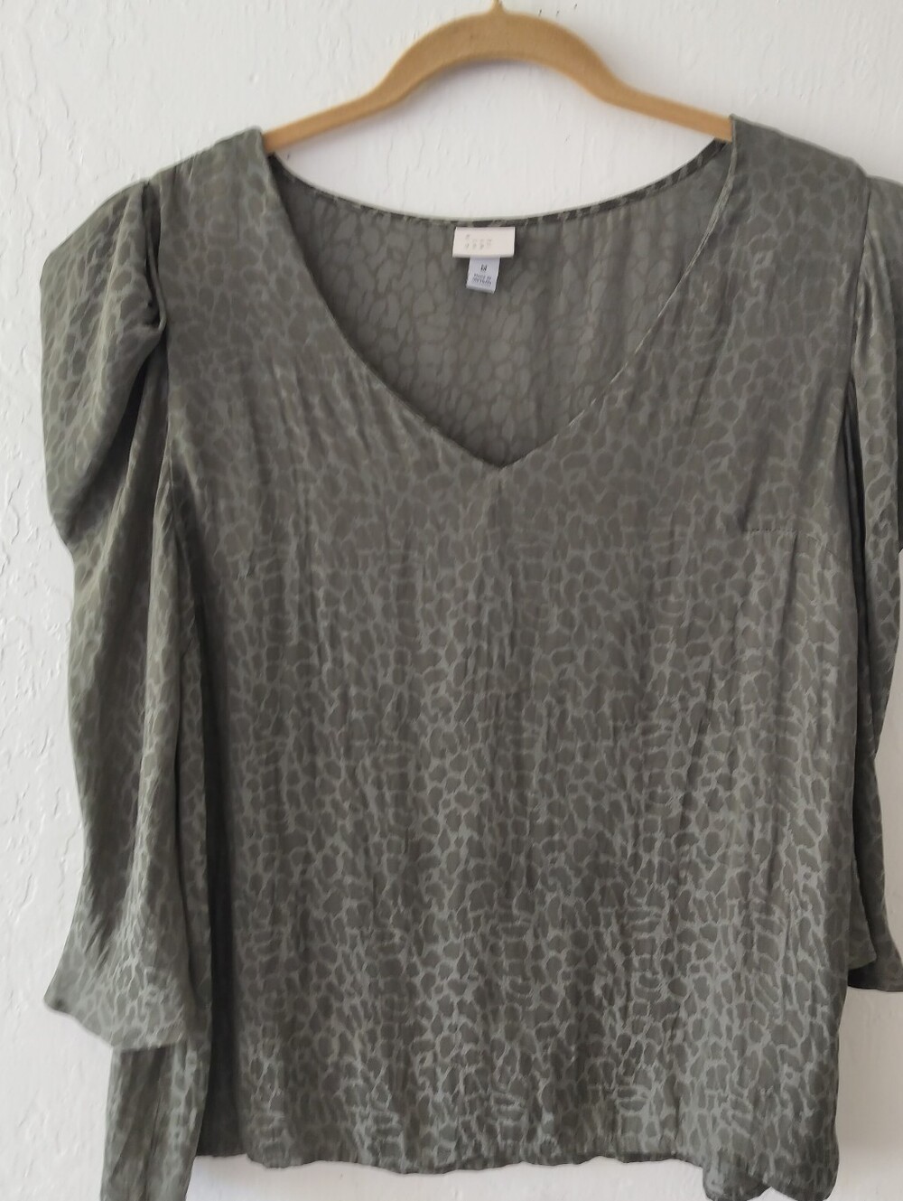 A New Day Olive Green Animal Print Puff Sleeve V-Neck Blouse - Size Medium